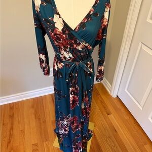 Floral Wrap Dress in Teal and Burgundy